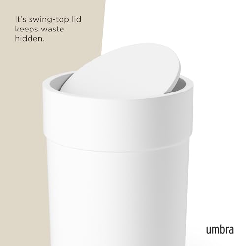 Umbra Touch Waste Can, Small Trash Can with Lid, Swing Lid Basket, Garbage for Washroom/Bathroom, White
