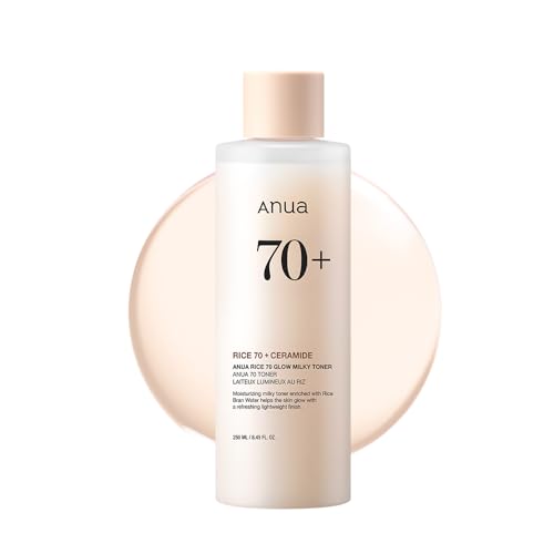ANUA Rice 70 Glow Milky Toner, for Glass Skin, Rice Water, Niacinamide, Ceramides, Panthenol, Non comedogenic, Fungal Acne Safe, Korean Skin Care, 250ml/8.45fl.oz.
