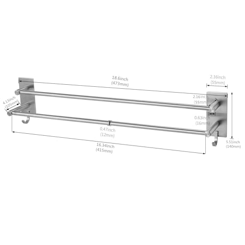 JS Bathroom Towel Holder Adhesive, 43.5cm/17.1 Inch Towel Rack No Drill Dual Rod with 2 Hooks, 304 Stainless Steel, Anti-rust Towel Rail for Shower/kitchen