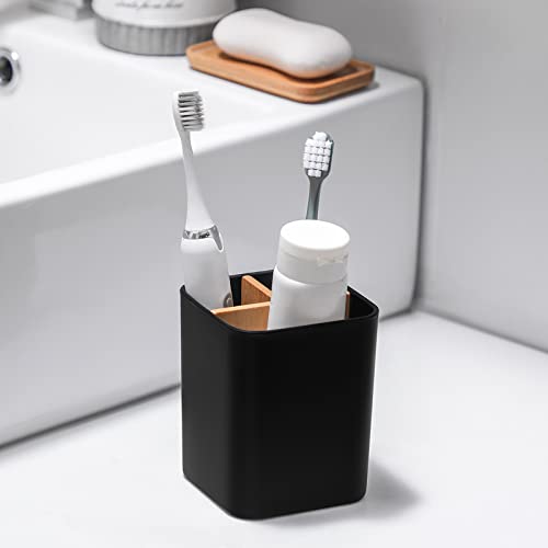 Heagoale Bamboo Toothbrush Holder for Bathrooms, 3 Slots Toothbrush and Toothpaste Holder Bathroom Counter Organizer for Electric Toothbrushes, Floss, Razors - Black