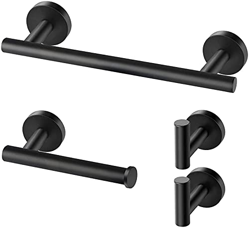 UUHOME Bathroom Hardware Set, Matte Black Bathroom Accessories Set, 304 Stainless Steel Towel Bar Set Wall Mounted Include 16" Bathroom Towel Rack, Toilet Paper Holder and 2 Robe Hooks(4pcs) (Black)