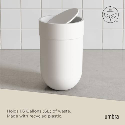 Umbra Touch Waste Can, Small Trash Can with Lid, Swing Lid Basket, Garbage for Washroom/Bathroom, White