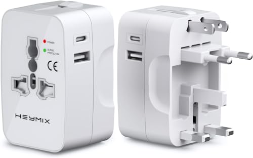 HEYMIX LIFE Universal Travel Adapter,Universal Travel Adapter USB C,World Travel Power Plug With USB,All In One Travel Plug Adapter For EU/US/UK/AU Compatible With iPhone/Samsung (White, PACK)
