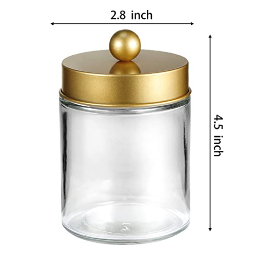 Apothecary Jar Canisters Bathroom Vanity Organizer - Qtip Holder Storage Organizer Countertop Canister-Stainless Steel Lids &Cute Stickers for Qtips,Cotton Swabs,Makeup Sponges,Floss(3 Pack ) (Gold)