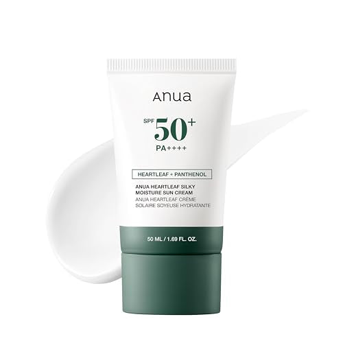 ANUA Heartleaf Silky Moisture Sun Cream SPF 50 PA++++, Korean Sunscreen, Face Sunscreen, Niacinamide, Fragrance Free, Travel Essentials, Low White Cast, 50ml /1.69fl.oz