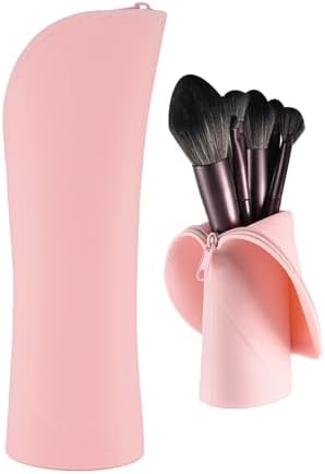 BIGTHREE Makeup Brush Bags, Silicone Small Makeup Brush Case, Travel Cosmetic Bag, Soft Waterproof Brushes Organiser with Zipper, Small Cosmetic Pouch for Women, Lightweight, Large Capacity(Pink)