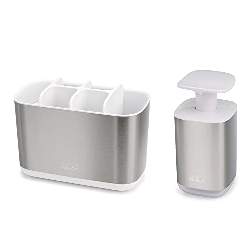 Joseph Joseph Bathroom Beauties 2-Piece Bathroom Sink Set with Toothbrush Holder and Soap Pump, Stainless Steel