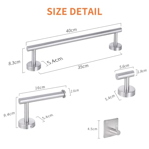 5 Pieces Wall Mounted SUS304 Stainless Steel Bathroom Towel Rack 40cm 16" Towel Rails Towel Holder, Toilet Paper Holder and Robe Hooks Bathroom Accessories Set (Bathroom Set, Brushed Finish Silver)