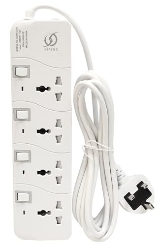 INFLUX Extension Cord with 4-Outlet - 5 Meter Multi Plug Extension Cable for Maximum Reach and Versatility - Power Strip with Universal Plug adapter and Heavy duty power Cord with 13A Fused plug.