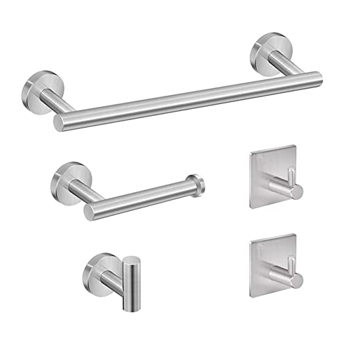 5 Pieces Wall Mounted SUS304 Stainless Steel Bathroom Towel Rack 40cm 16" Towel Rails Towel Holder, Toilet Paper Holder and Robe Hooks Bathroom Accessories Set (Bathroom Set, Brushed Finish Silver)