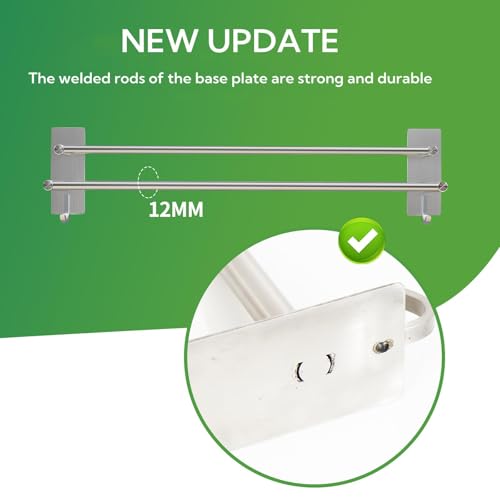 JS Bathroom Towel Holder Adhesive, 43.5cm/17.1 Inch Towel Rack No Drill Dual Rod with 2 Hooks, 304 Stainless Steel, Anti-rust Towel Rail for Shower/kitchen
