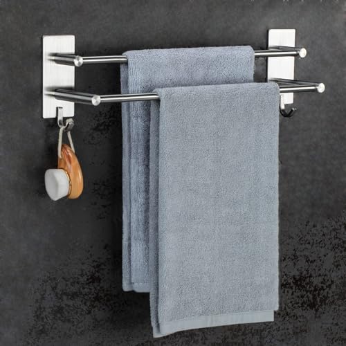 JS Bathroom Towel Holder Adhesive, 43.5cm/17.1 Inch Towel Rack No Drill Dual Rod with 2 Hooks, 304 Stainless Steel, Anti-rust Towel Rail for Shower/kitchen