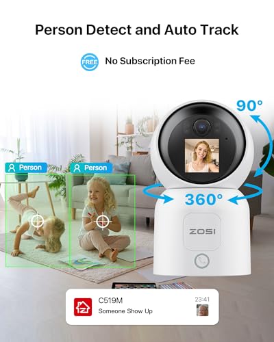 ZOSI 2.5K 4MP Indoor Camera with Screen, 360° Views Baby/Pet Dog Monitor with Gesture/One-Touch Calling, 2 Way Video, 2.4G/5G Dual-Band WiFi Home CCTV Security Camera, Person Detection, C519M