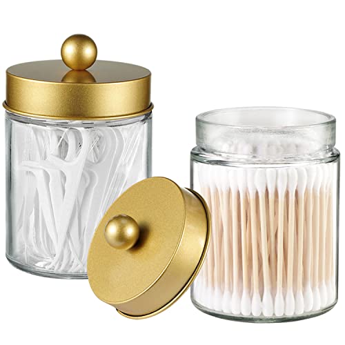 Apothecary Jar Canisters Bathroom Vanity Organizer - Qtip Holder Storage Organizer Countertop Canister-Stainless Steel Lids &Cute Stickers for Qtips,Cotton Swabs,Makeup Sponges,Floss(3 Pack ) (Gold)