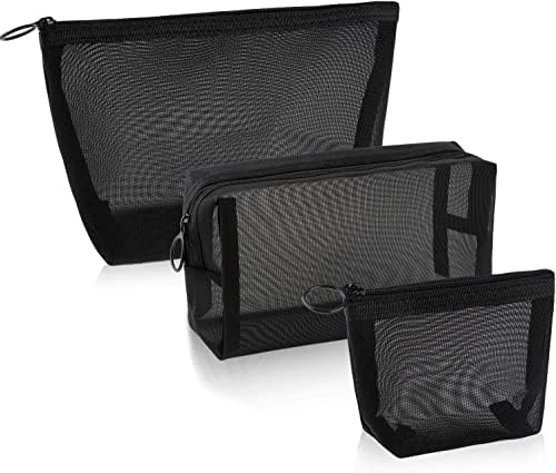 3 Pieces Mesh Cosmetic Bag Mesh Makeup Bags Mesh Zipper Pouch for Offices Travel Accessories, 3 Sizes (Black)