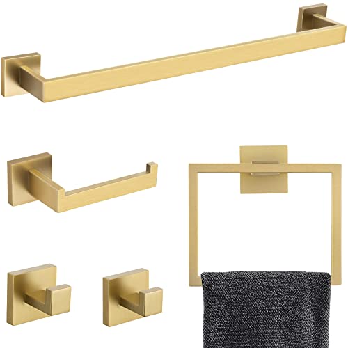 TNOMS Gold Towel Bar Set Bathroom Hardware Accessory Set, 5 Pieces Gold Accessories Stainless Steel Wall Mounted 23.6 in