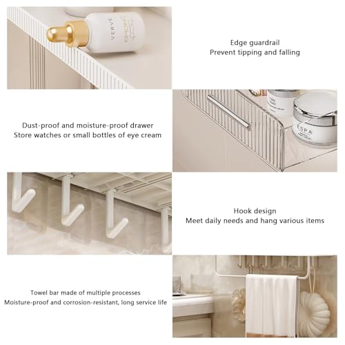 Wall Mounted Bathroom Shelves, White Bathroom Wall Cabinet with Towel Rack and 5 Hooks, No Drilling Required Accessories Holder, Shower Organizer for and Kitchen (White)