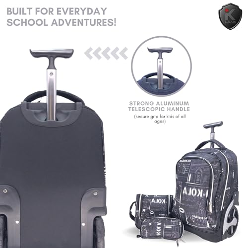 i-kola Blue 3pcs Kids Rolling School Bag Set – School Trolley Backpack with Lunch Bag & Pencil Case | 18″ Kid Luggage Backpack with Wheels & Telescopic Handle for Boys & Girls (E912-18BW3)