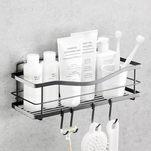 KINCMAX Shower Shelf - Self Adhesive Shower Caddy with 4 Hooks - No Drill Large Capacity Stainless Steel Rack - Aesthetic Organizer for Bathroom Wall Decor - Matte Black