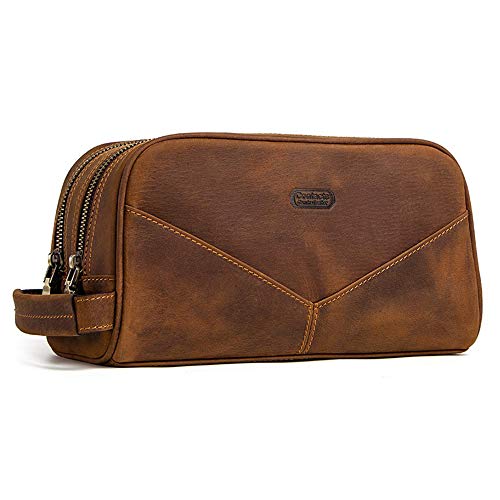 Hiram Genuine Leather Cosmetic Bag For Men, Vintage Crazy Horse Leather Man Make Up Bags, Small Travel Bags, Male Toiletry Bag (Brown)