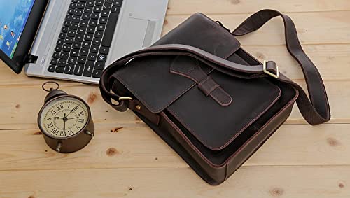 I0I&I0I Genuine Leather Messenger Bag for Men Small Retro Satchel Flap Crossbody Shoulder Bag Fits 10" Tablet, Dark Brown