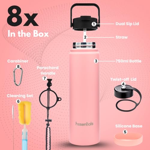 Hssentials 750ml Vacuum Insulated Water Bottle, Double Wall Stainless Steel Thermos Bottle with 2 Lids Included, Straw Lid and Wide Mouth, Hot Cold Water Flask, Sports Bottle (25oz, Baby Pink)