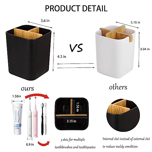 Heagoale Bamboo Toothbrush Holder for Bathrooms, 3 Slots Toothbrush and Toothpaste Holder Bathroom Counter Organizer for Electric Toothbrushes, Floss, Razors - Black