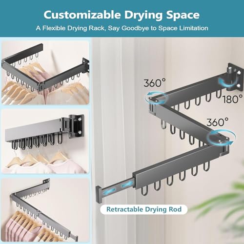 Heavy Duty Retractable Clothes Drying Rack - Wall Mounted Space Saving Aluminum Laundry Hanger Rack with Folding Arms & 18 Hooks for Indoor, Balcony, Outdoor Use (Black)