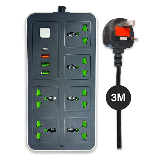INFLUX 6-Outlet 3M Extension Cord with USB Ports and C-type, Surge Protector & Multi-Plug Adapter, Power Extension Cable, USB Hub with Smart and Socket - Perfect for Gaming with 13A Fused Plug