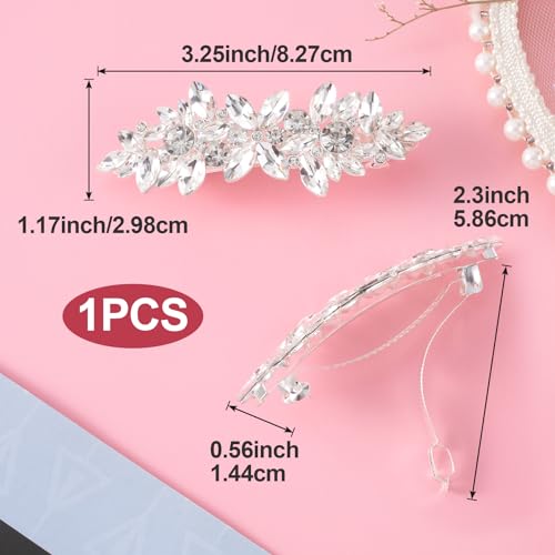 HINZIC Sparkly Rhinestone Hair Clip Silver Crystal Prom Barrettes Wedding Engagement Pageant Formal Dressy Decorative Accessories for Bride Women Girls Thick Long Hair