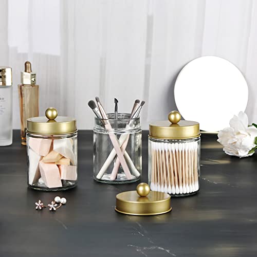 Apothecary Jar Canisters Bathroom Vanity Organizer - Qtip Holder Storage Organizer Countertop Canister-Stainless Steel Lids &Cute Stickers for Qtips,Cotton Swabs,Makeup Sponges,Floss(3 Pack ) (Gold)