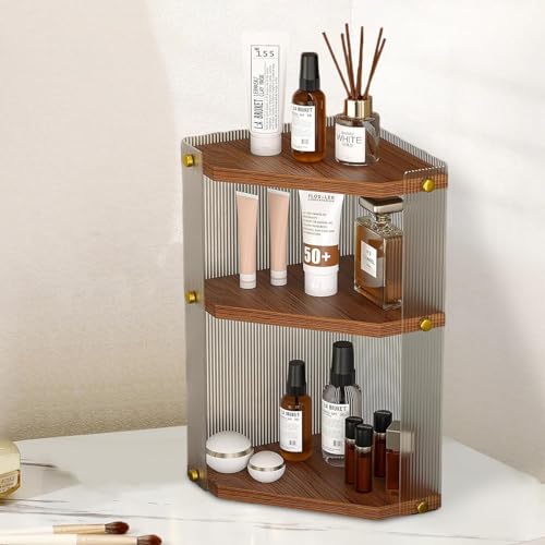 Baoly 3-Tier Bathroom Organizer Countertop - Skincare and Makeup Corner Wall Shelf, Solid Wood Triangular Light Luxury Tray, Kitchen Corner Standing Rack