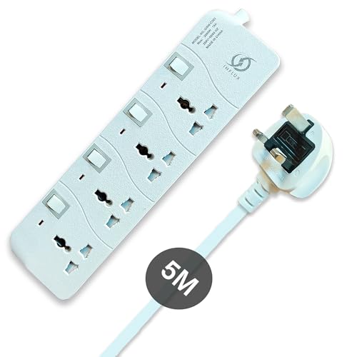 INFLUX Extension Cord with 4-Outlet - 5 Meter Multi Plug Extension Cable for Maximum Reach and Versatility - Power Strip with Universal Plug adapter and Heavy duty power Cord with 13A Fused plug.
