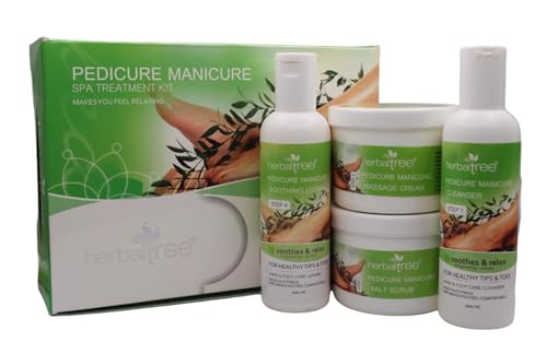 HerbalTree Pedicure Manicure Spa Treatment Kit, 4-Step System with Cleanser, Salt Scrub, Massage Cream and Soothing Lotion, 200 ml Each