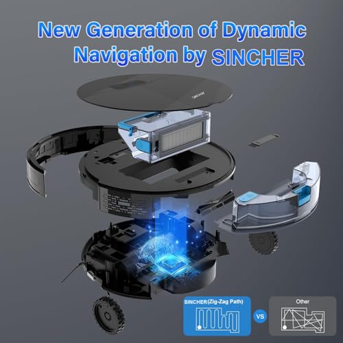 SINCHER Robot Vacuum Cleaner with Mop Function, 6300Pa Strong Suction Power Vacuum Cleaner Robot, 120 Min Runtime & Self-Charging, WiFi, 2-in-1, Ideal for Pet Hair, Carpet