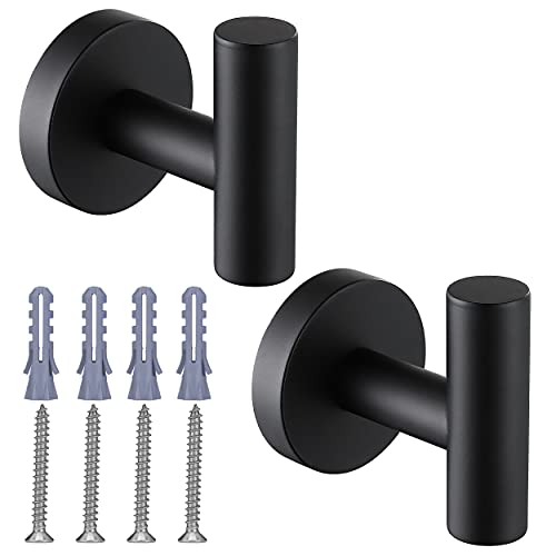 Nolimas Matte Black Towel Coat Hooks SUS304 Stainless Steel Bathroom Clothes Garage Hotel Cabinet Closet Sponges Robe Hook Wall Mounted Round Kitchen Heavy Duty Bath Door Hanger 2 Pack