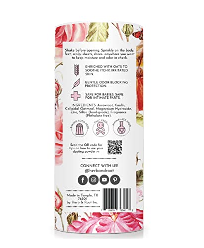 Herb & Root Rose Scented Talc-Free Dusting Powder for Women: Anti-Chafing Body Powder with Arrowroot & Cornstarch, 6 oz