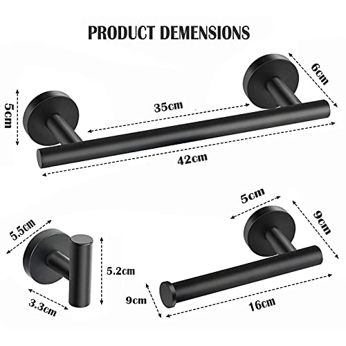 UUHOME Bathroom Hardware Set, Matte Black Bathroom Accessories Set, 304 Stainless Steel Towel Bar Set Wall Mounted Include 16" Bathroom Towel Rack, Toilet Paper Holder and 2 Robe Hooks(4pcs) (Black)