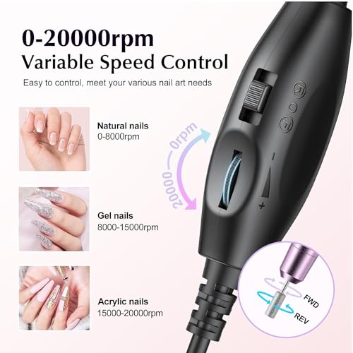 HYRAINBOW Electric Nail Drill File Professional: Portable Machine Kit for Acrylic Gel Dip Powder Nails, Manicure Pedicure Tools, Polishing Set With Bits and Sanding Bands