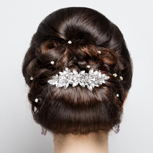 HINZIC Sparkly Rhinestone Hair Clip Silver Crystal Prom Barrettes Wedding Engagement Pageant Formal Dressy Decorative Accessories for Bride Women Girls Thick Long Hair