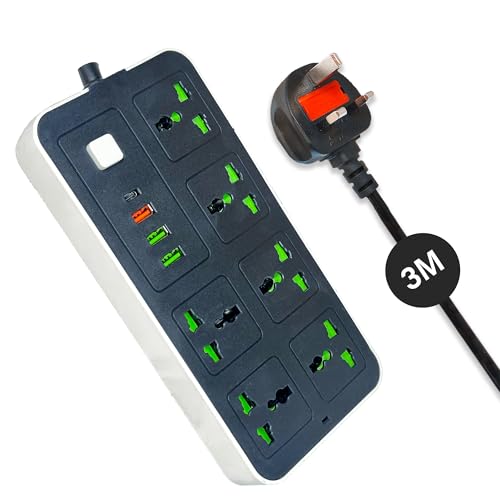 INFLUX 6-Outlet 3M Extension Cord with USB Ports and C-type, Surge Protector & Multi-Plug Adapter, Power Extension Cable, USB Hub with Smart and Socket - Perfect for Gaming with 13A Fused Plug