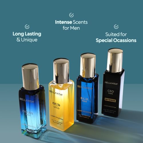 BellaVita Luxury Perfume Gift Set for Men | Includes OUD Gold, Ocean, B.L.U, & CEO Man Perfume | Long-Lasting Cologne Fragrance | Oud Perfume for Men | Premium Collection Perfumes ??4 x 20ml