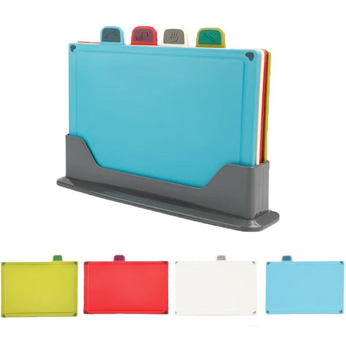 AMERTEER Cutting Board Set, Chopping Board Kitchen with Non-Slip Base & Food Indicators, 4-PCS Silicone Thick Cutting Mats with Storage Stand, Perfect for Fruits & Vegetables, Home and Everyday use