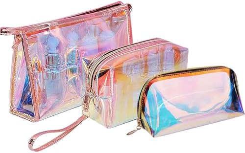 Tazweeq 3 Pieces Holographic Makeup Bag Portable Travel Iridescent Cosmetic Pouch TPU Waterproof Cosmetic Bags for Makeup Tools Organize, Women Toiletries, Travel, Pencil Case
