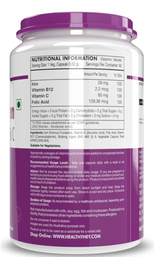 HealthyHey Iron Supplement for Women -100% Chelated - With Vitamin B12, Folic Acid & Vitamin C for High Absorption (60 Veg Capsules)