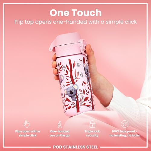 Ion8 Lightweight Steel Kids Water Bottle, 400ml/13oz, Non-Insulated, Leak Proof, Easy to Open, Secure Lock, Dishwasher Safe, Fits Cup Holders, Carry Handle, Metal Water Bottle, Pink, Baby Koalas
