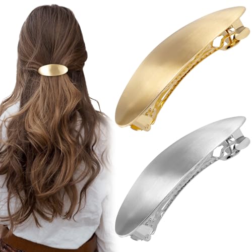 WOOVEEWIND 2 Pcs Long Oval Barrettes, Non-Slip Simple Large Hair Clip, Vintage Gold Silver Wedding Prom Formal Hair Accessories for Women Girls Long Thick Hair