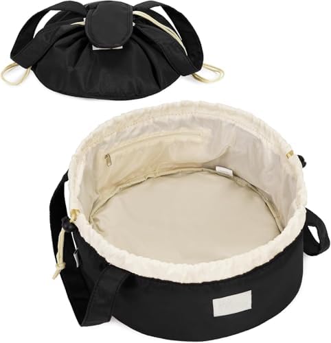 Azonee Large Barrel Drawstring Makeup Bag – Portable Travel Cosmetic Organizer for Women, Spacious Toiletry Bag with Brush Holder & Pouch for Skincare, Beauty Essentials & Accessories (Black)