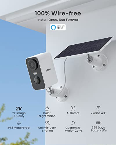 ieGeek Solar Security Cameras Wireless Outdoor with Solar Panel, 2K WiFi Wireless Camera for Home Security with Color Night Vision, Motion Detection, 2-Way Talk for Home Surveillance, Works with Alexa