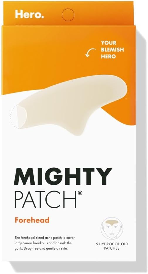 Hero Cosmetics Mighty Patch™ Forehead Patch - Hydrocolloid Acne Pimple Patch, Contoured to Cover Larger Area of Zits and Blemishes - Drug-Free and Suitable for Sensitive Skin (5 Count)